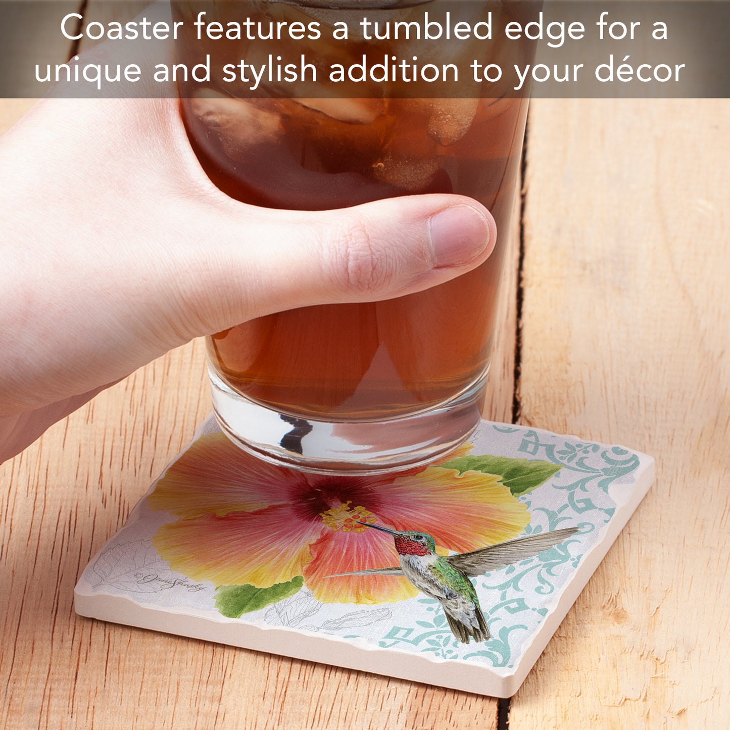 Thirstystone Hibiscus Single Tumbled Tile Stone Coaster with Protective Cork Backing Manufactured in The USA 4" Square, Artistic, Easily Wipes Clean