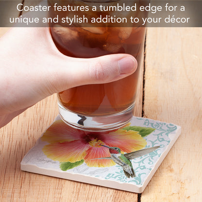 Thirstystone Hibiscus Single Tumbled Tile Stone Coaster with Protective Cork Backing Manufactured in The USA 4" Square, Artistic, Easily Wipes Clean