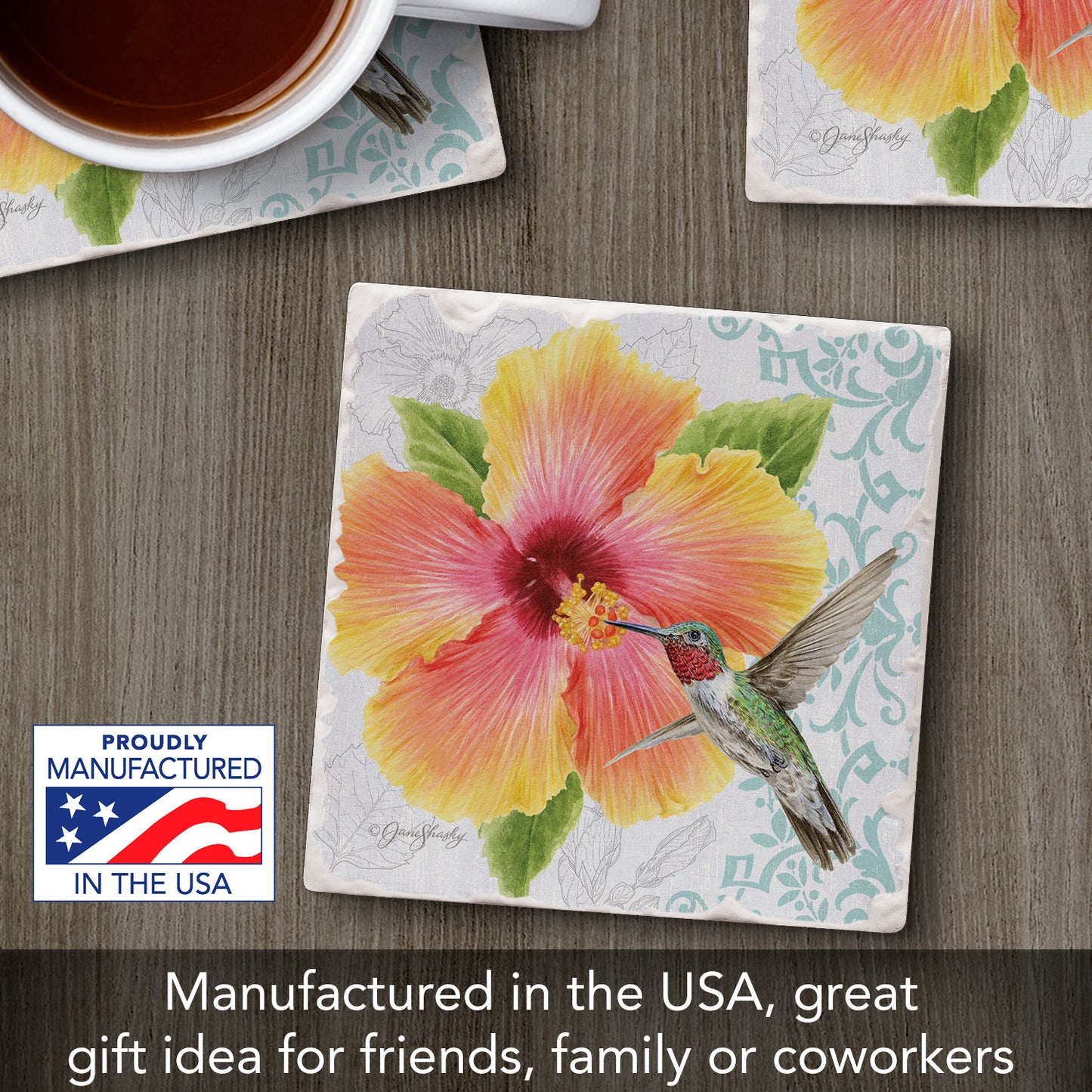 Thirstystone Hibiscus Single Tumbled Tile Stone Coaster with Protective Cork Backing Manufactured in The USA 4" Square, Artistic, Easily Wipes Clean