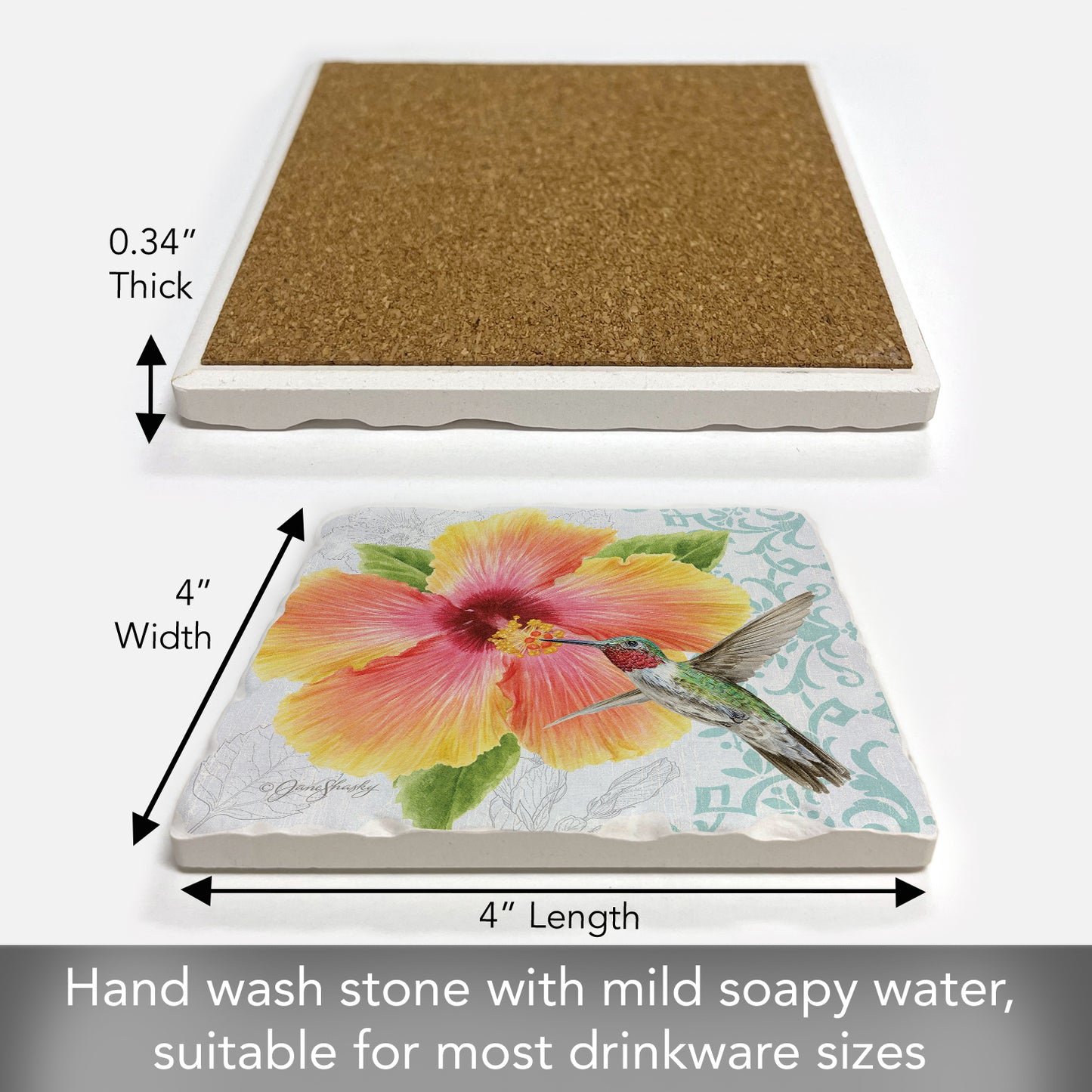 Thirstystone Hibiscus Single Tumbled Tile Stone Coaster with Protective Cork Backing Manufactured in The USA 4" Square, Artistic, Easily Wipes Clean