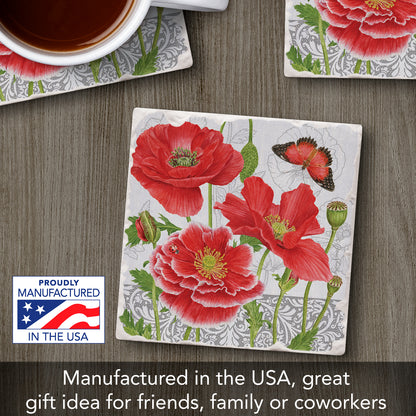 Thirstystone Poppies Single Tumbled Tile Stone Coaster with Protective Cork Backing Manufactured in The USA 4" Square, Artistic, Easily Wipes Clean