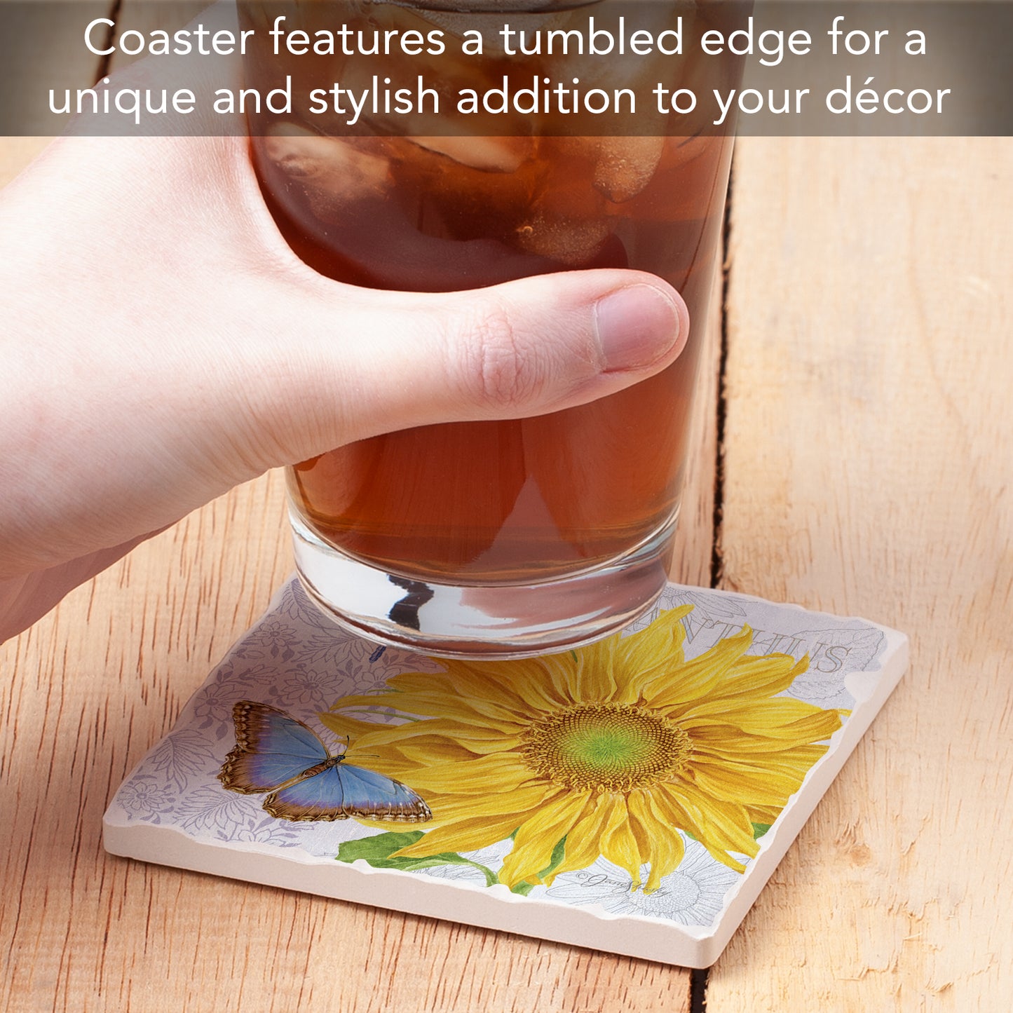 Thirstystone Sunflower Single Tumbled Tile Stone Coaster with Protective Cork Backing Manufactured in The USA 4" Square, Artistic, Easily Wipes Clean