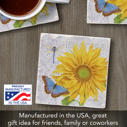 Thirstystone Sunflower Single Tumbled Tile Stone Coaster with Protective Cork Backing Manufactured in The USA 4" Square, Artistic, Easily Wipes Clean