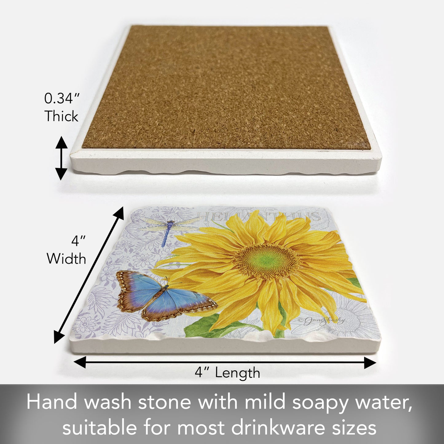 Thirstystone Sunflower Single Tumbled Tile Stone Coaster with Protective Cork Backing Manufactured in The USA 4" Square, Artistic, Easily Wipes Clean