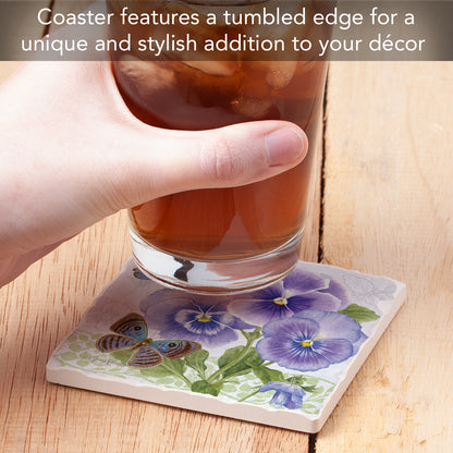 Thirstystone Purple Pansies Single Tumbled Tile Stone Coaster with Protective Cork Backing Manufactured in The USA 4" Square, Artistic, Easily Wipes Clean