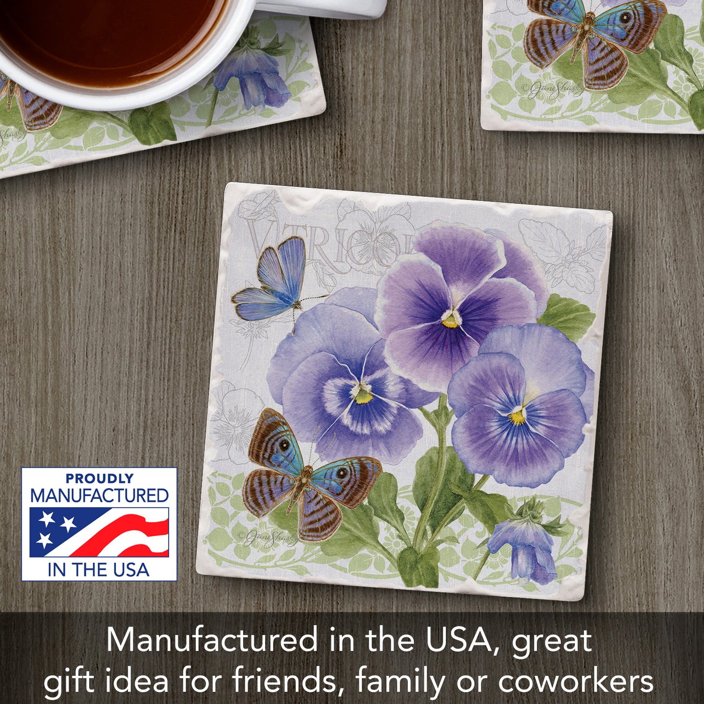 Thirstystone Purple Pansies Single Tumbled Tile Stone Coaster with Protective Cork Backing Manufactured in The USA 4" Square, Artistic, Easily Wipes Clean