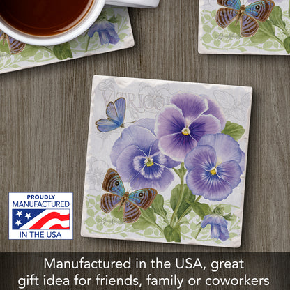 Thirstystone Purple Pansies Single Tumbled Tile Stone Coaster with Protective Cork Backing Manufactured in The USA 4" Square, Artistic, Easily Wipes Clean