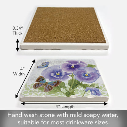 Thirstystone Purple Pansies Single Tumbled Tile Stone Coaster with Protective Cork Backing Manufactured in The USA 4" Square, Artistic, Easily Wipes Clean