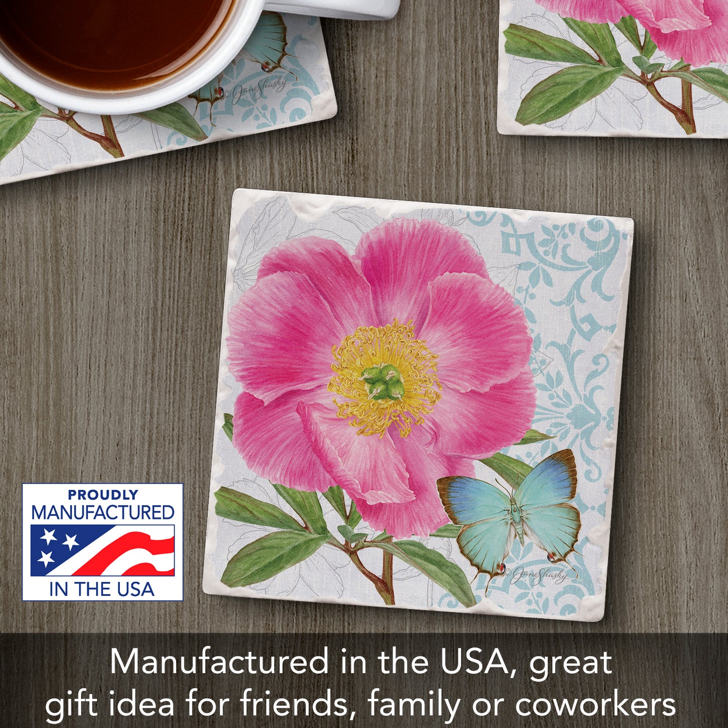Thirstystone Peony Single Tumbled Tile Stone Coaster with Protective Cork Backing Manufactured in The USA 4" Square, Artistic, Easily Wipes Clean