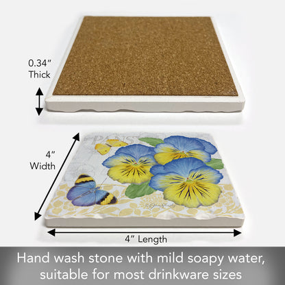 Thirstystone Pansies Single Tumbled Tile Stone Coaster with Protective Cork Backing Manufactured in The USA 4" Square, Artistic, Easily Wipes Clean