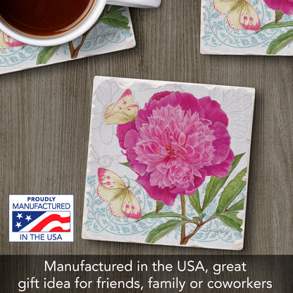 Thirstystone Botanical Peony Single Tumbled Tile Stone Coaster with Protective Cork Backing Manufactured in The USA 4" Square, Artistic, Easily Wipes Clean