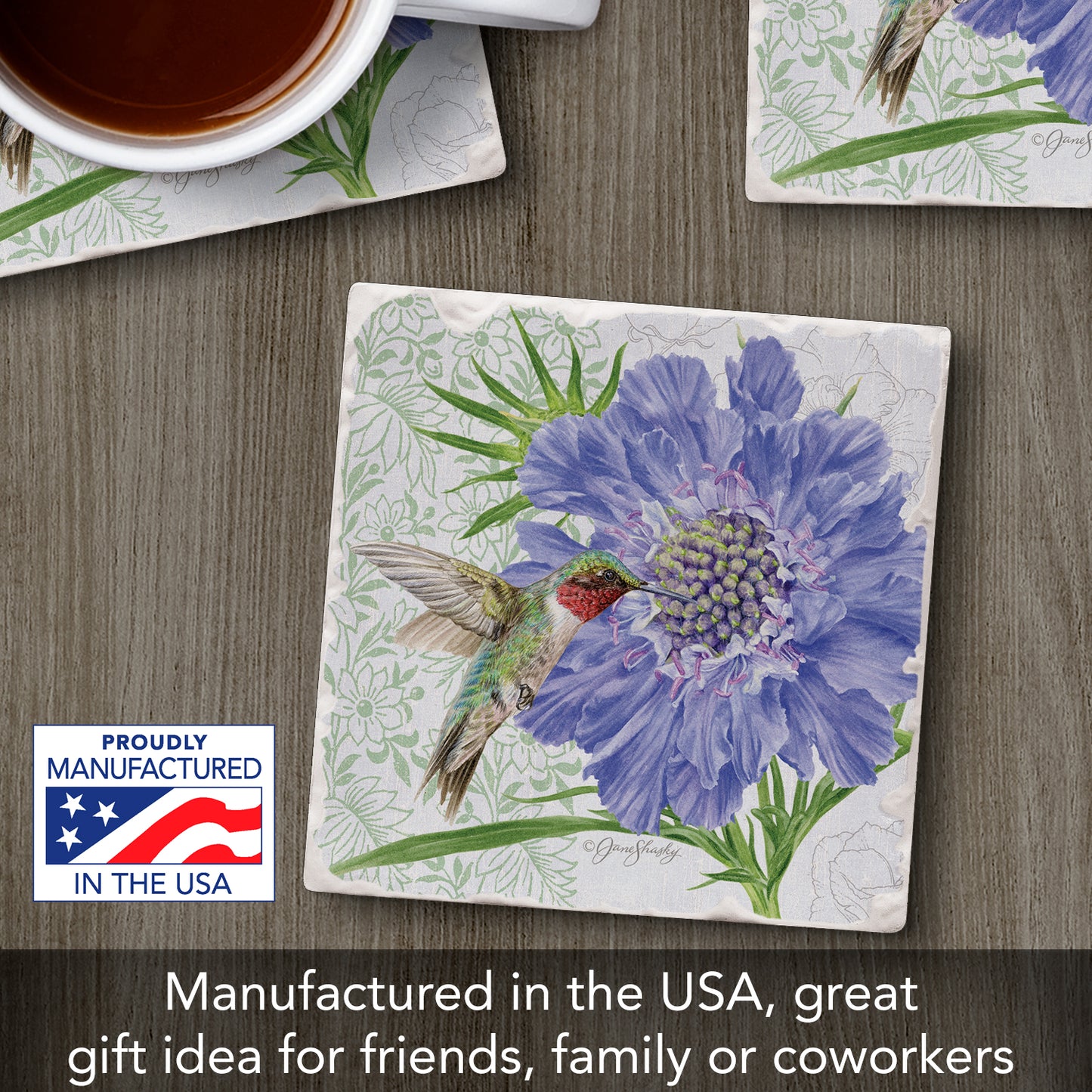 Thirstystone Scabiosa Single Tumbled Tile Stone Coaster with Protective Cork Backing Manufactured in The USA 4" Square, Artistic, Easily Wipes Clean