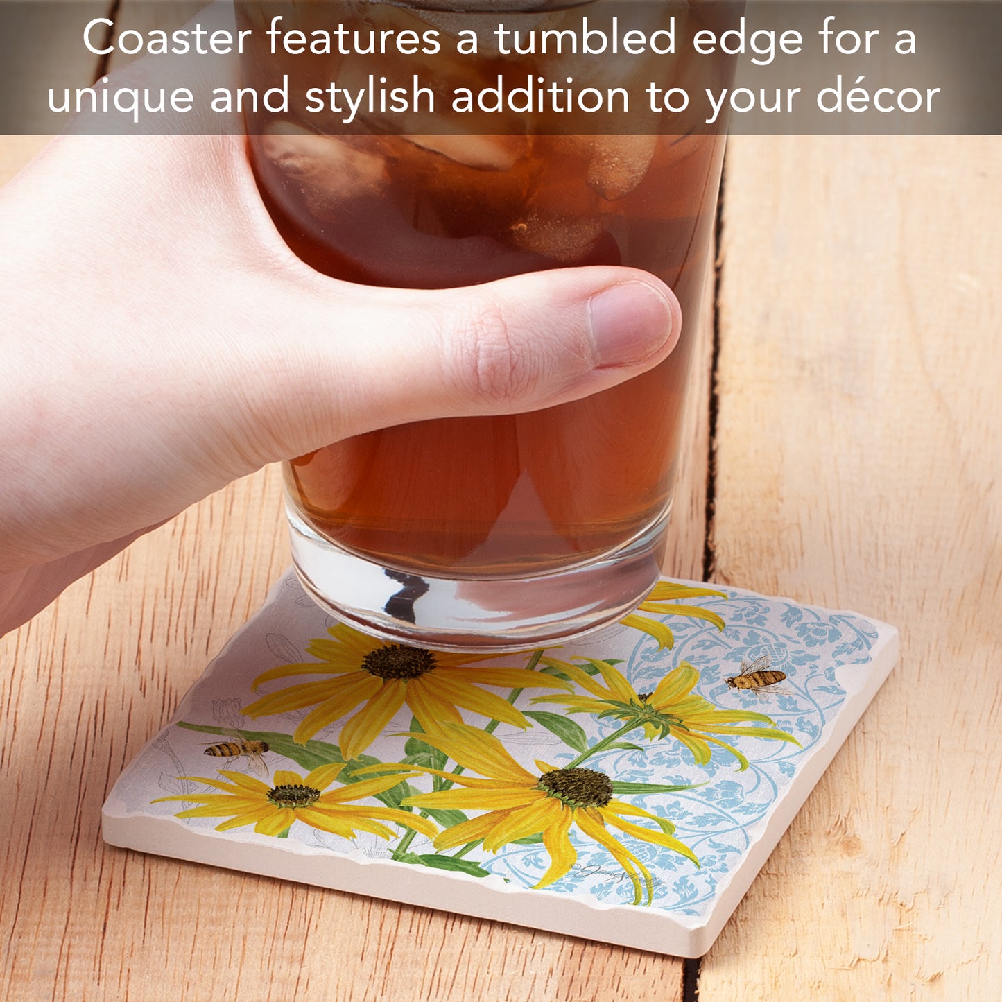 Thirstystone Black Eyed Susans Single Tumbled Tile Stone Coaster with Protective Cork Backing Manufactured in The USA 4" Square, Artistic, Easily Wipes Clean