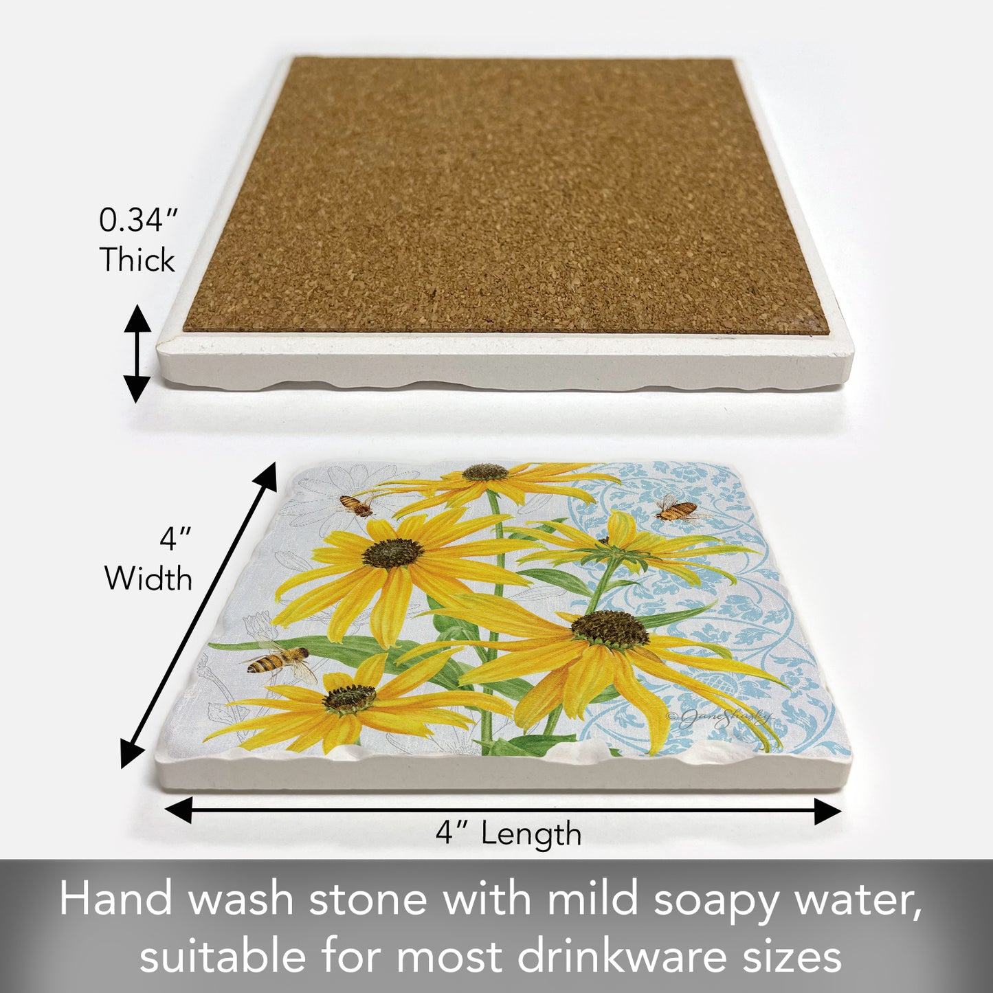 Thirstystone Black Eyed Susans Single Tumbled Tile Stone Coaster with Protective Cork Backing Manufactured in The USA 4" Square, Artistic, Easily Wipes Clean