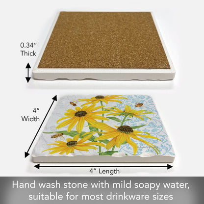 Thirstystone Black Eyed Susans Single Tumbled Tile Stone Coaster with Protective Cork Backing Manufactured in The USA 4" Square, Artistic, Easily Wipes Clean