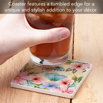Thirstystone Blue Butterfly Bloom Single Tumbled Tile Stone Coaster with Protective Cork Backing Manufactured in The USA 4" Square