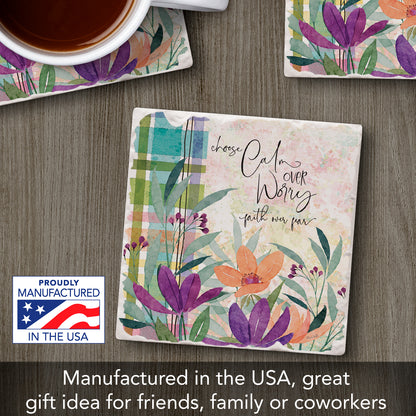 Thirstystone Calm Over Worry Single Tumbled Tile Stone Coaster with Protective Cork Backing Manufactured in The USA 4" Square