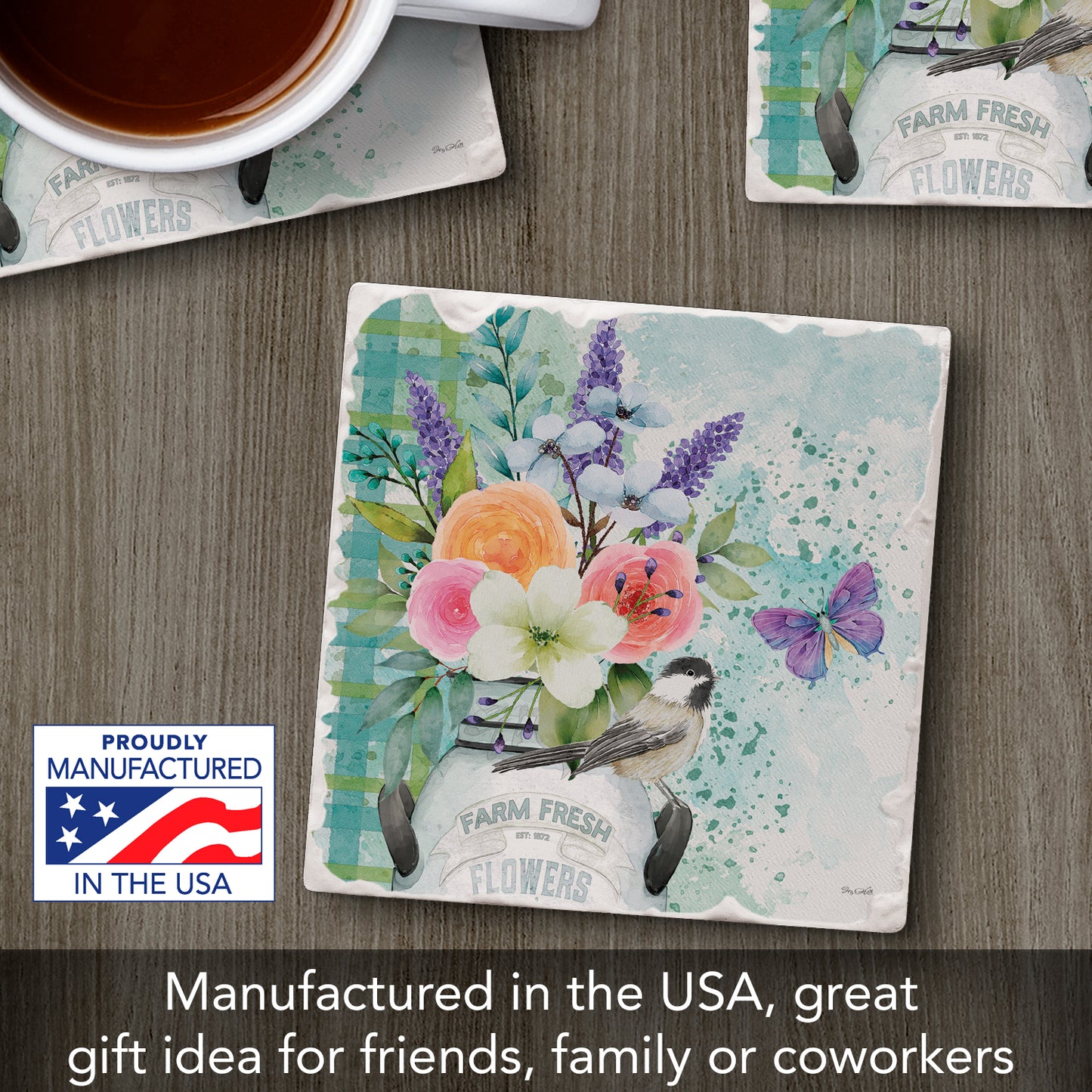 Thirstystone Farm Fresh Flowers Single Tumbled Tile Stone Coaster with Protective Cork Backing Manufactured in The USA 4" Square