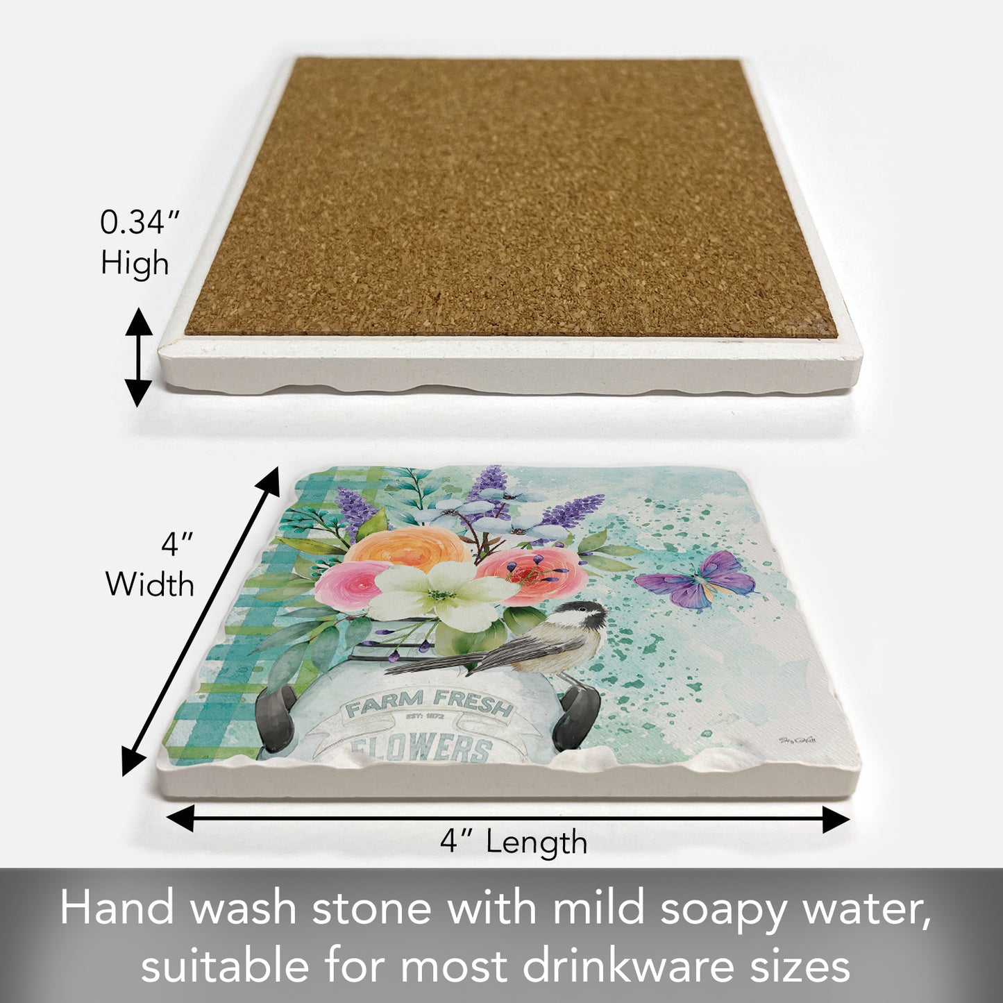 Thirstystone Farm Fresh Flowers Single Tumbled Tile Stone Coaster with Protective Cork Backing Manufactured in The USA 4" Square