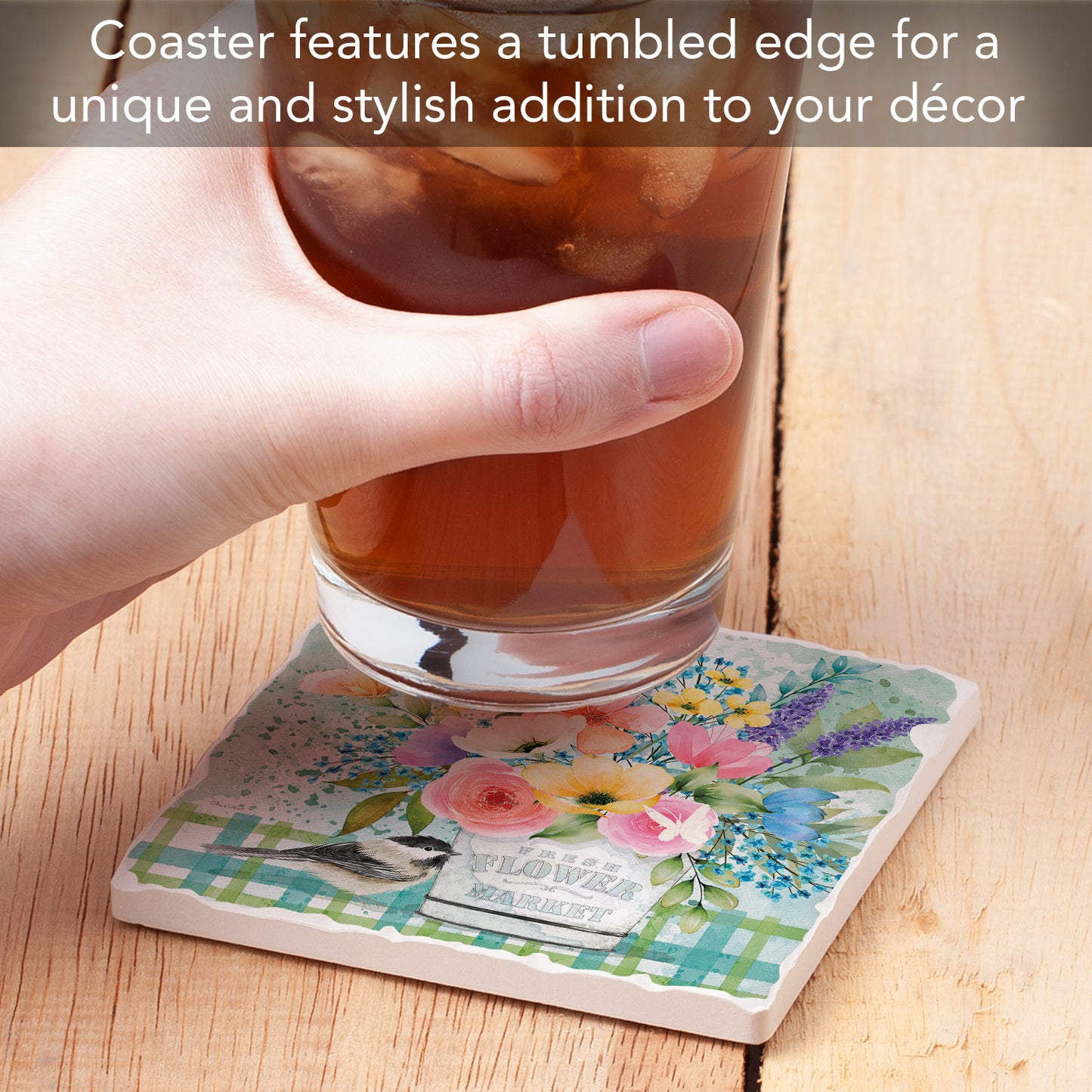 Thirstystone Fresh Flowers Single Tumbled Tile Stone Coaster with Protective Cork Backing Manufactured in The USA 4" Square