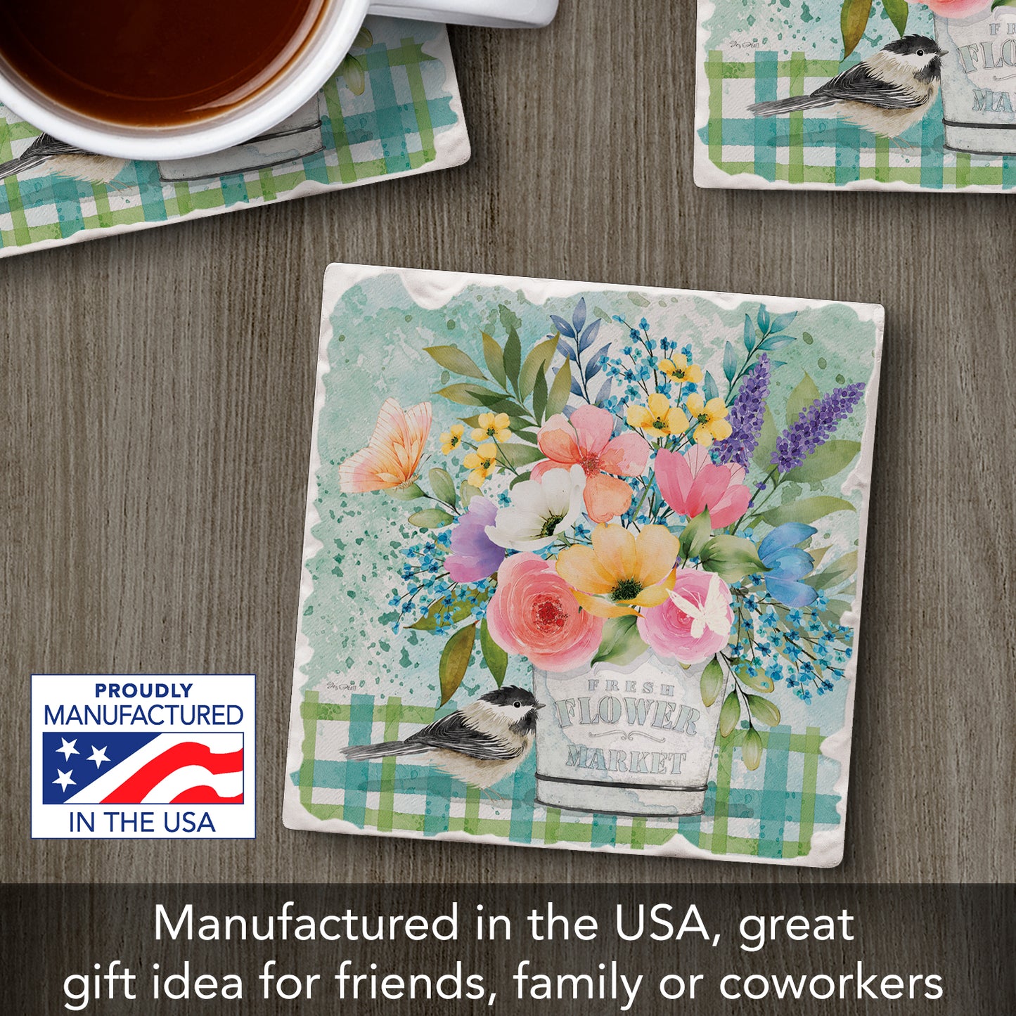 Thirstystone Fresh Flowers Single Tumbled Tile Stone Coaster with Protective Cork Backing Manufactured in The USA 4" Square