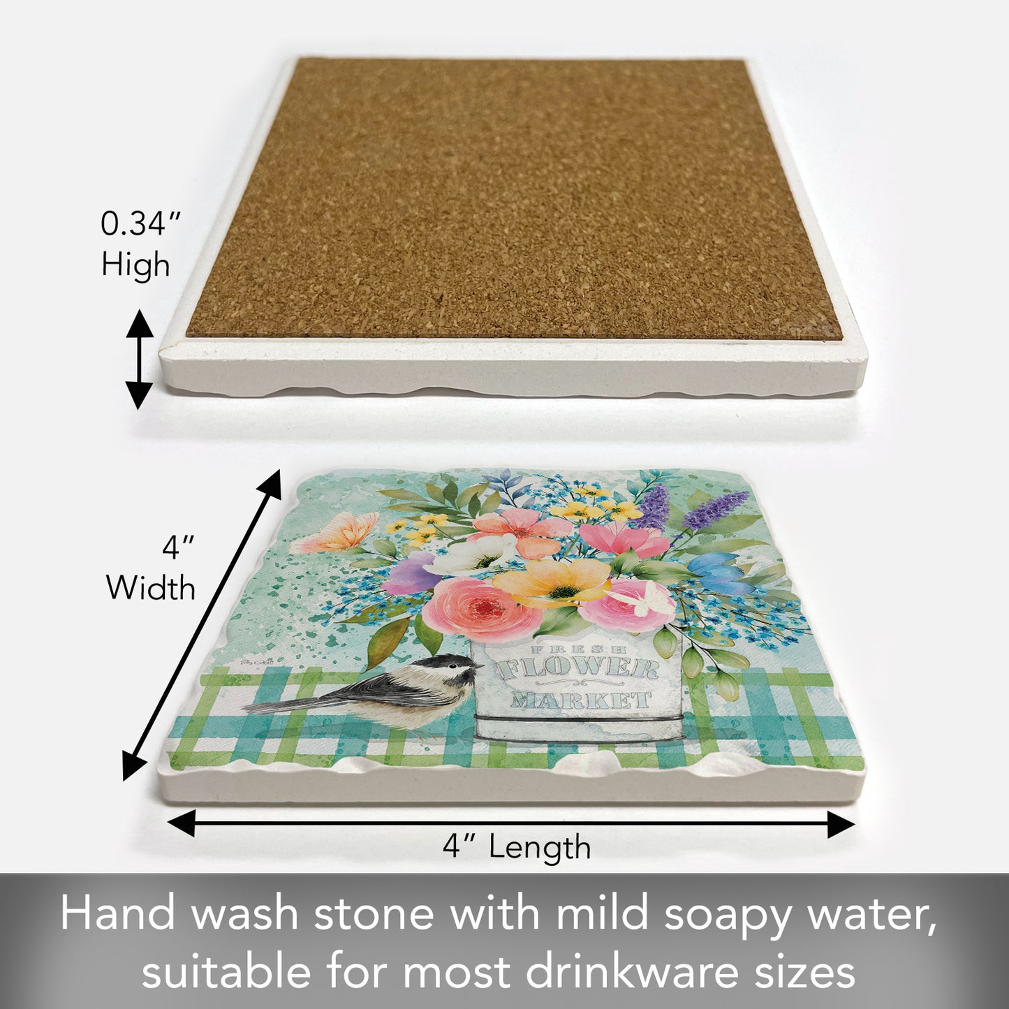 Thirstystone Fresh Flowers Single Tumbled Tile Stone Coaster with Protective Cork Backing Manufactured in The USA 4" Square