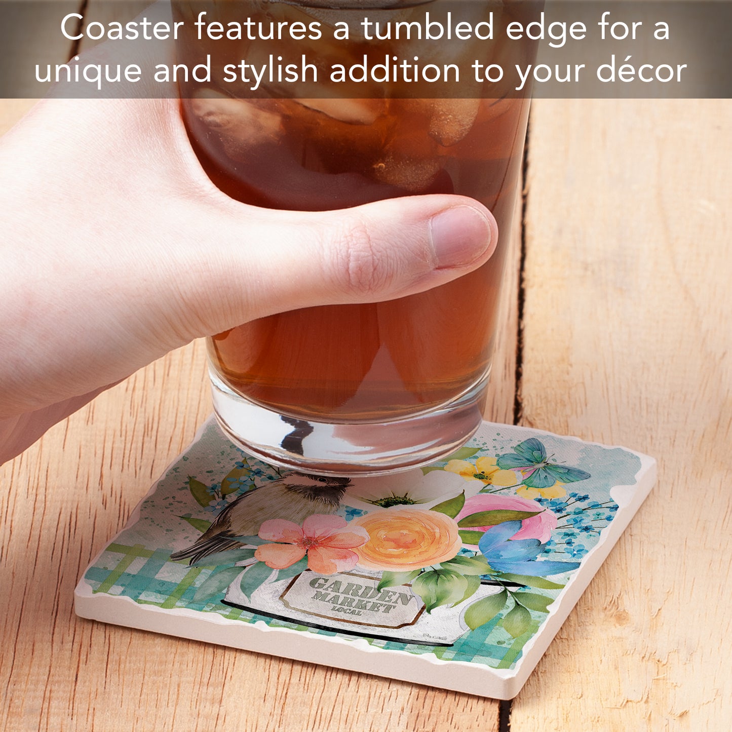 Thirstystone Garden Market Single Tumbled Tile Stone Coaster with Protective Cork Backing Manufactured in The USA 4" Square