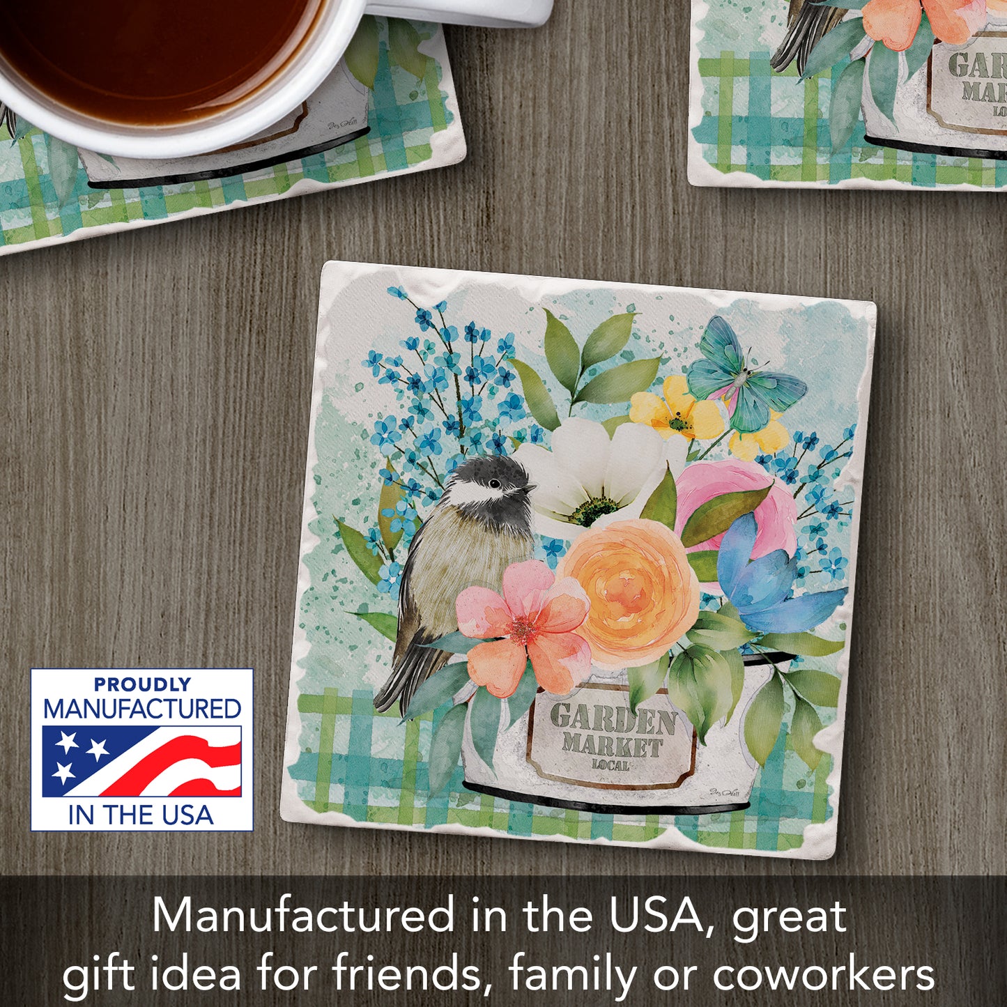 Thirstystone Garden Market Single Tumbled Tile Stone Coaster with Protective Cork Backing Manufactured in The USA 4" Square