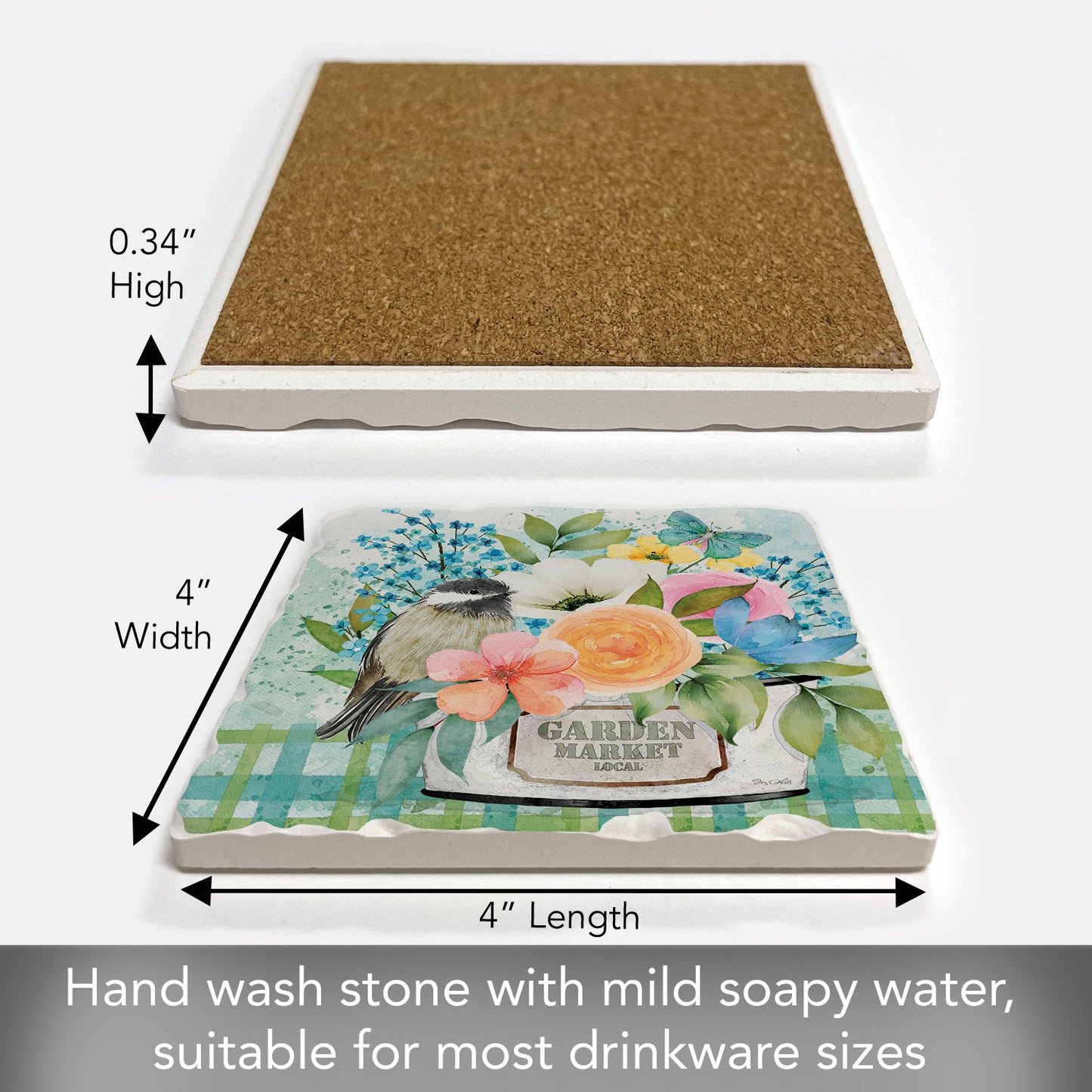 Thirstystone Garden Market Single Tumbled Tile Stone Coaster with Protective Cork Backing Manufactured in The USA 4" Square