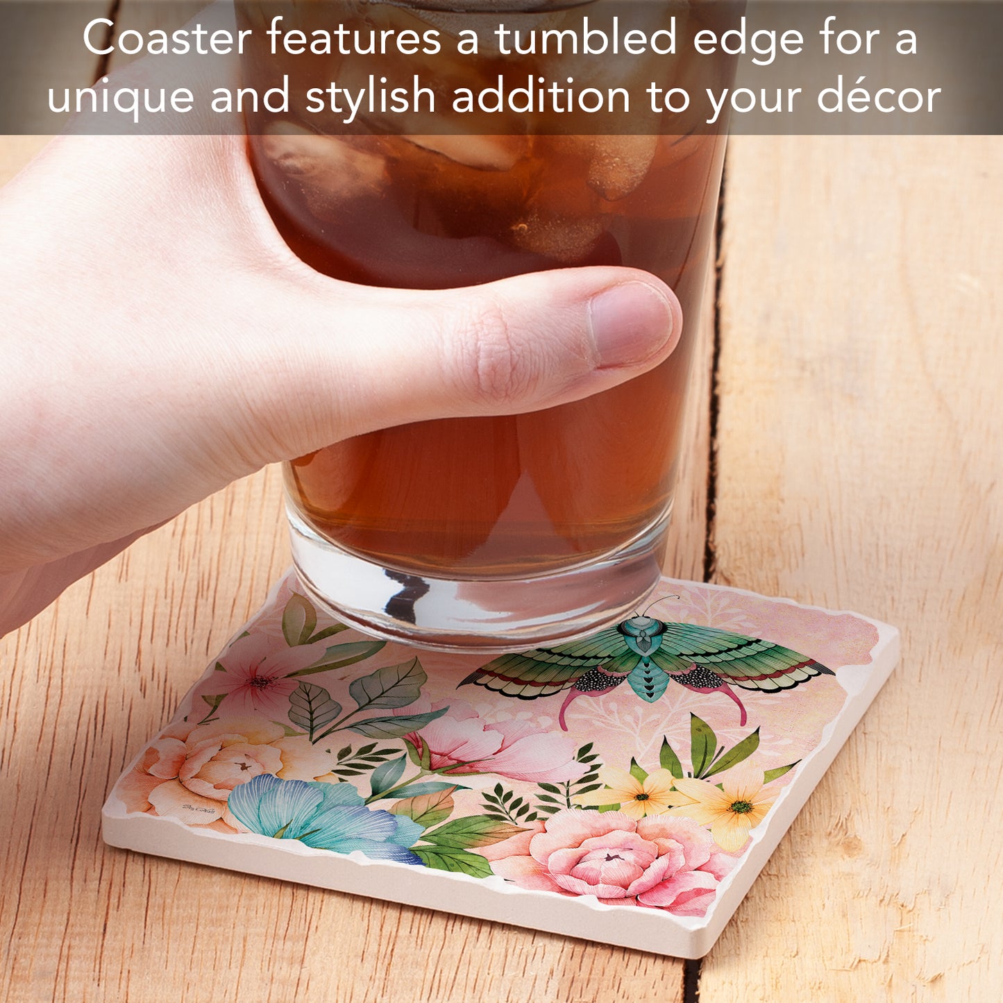 Thirstystone Green Butterfly Bloom Single Tumbled Tile Stone Coaster with Protective Cork Backing Manufactured in The USA 4" Square