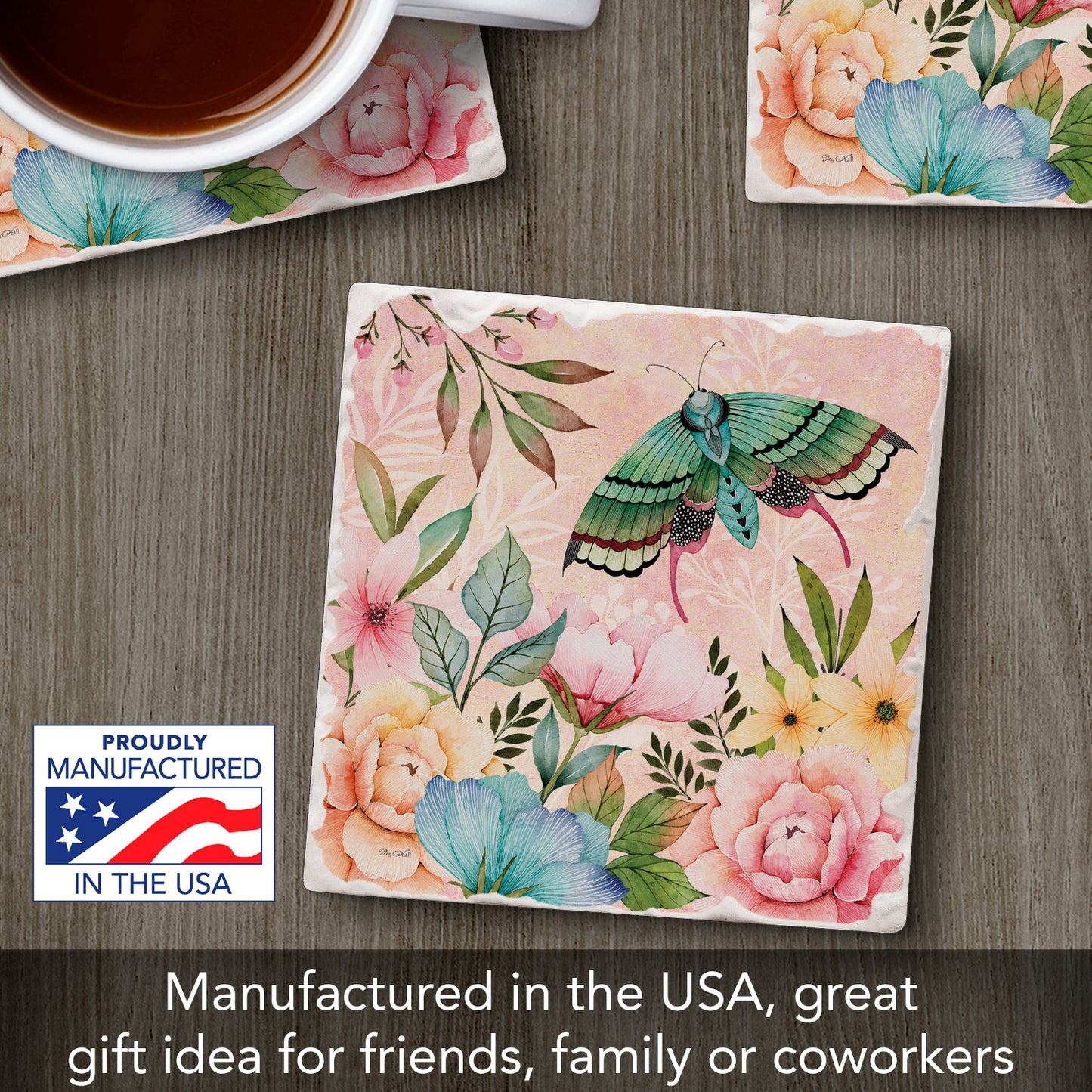 Thirstystone Green Butterfly Bloom Single Tumbled Tile Stone Coaster with Protective Cork Backing Manufactured in The USA 4" Square