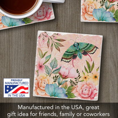 Thirstystone Green Butterfly Bloom Single Tumbled Tile Stone Coaster with Protective Cork Backing Manufactured in The USA 4" Square