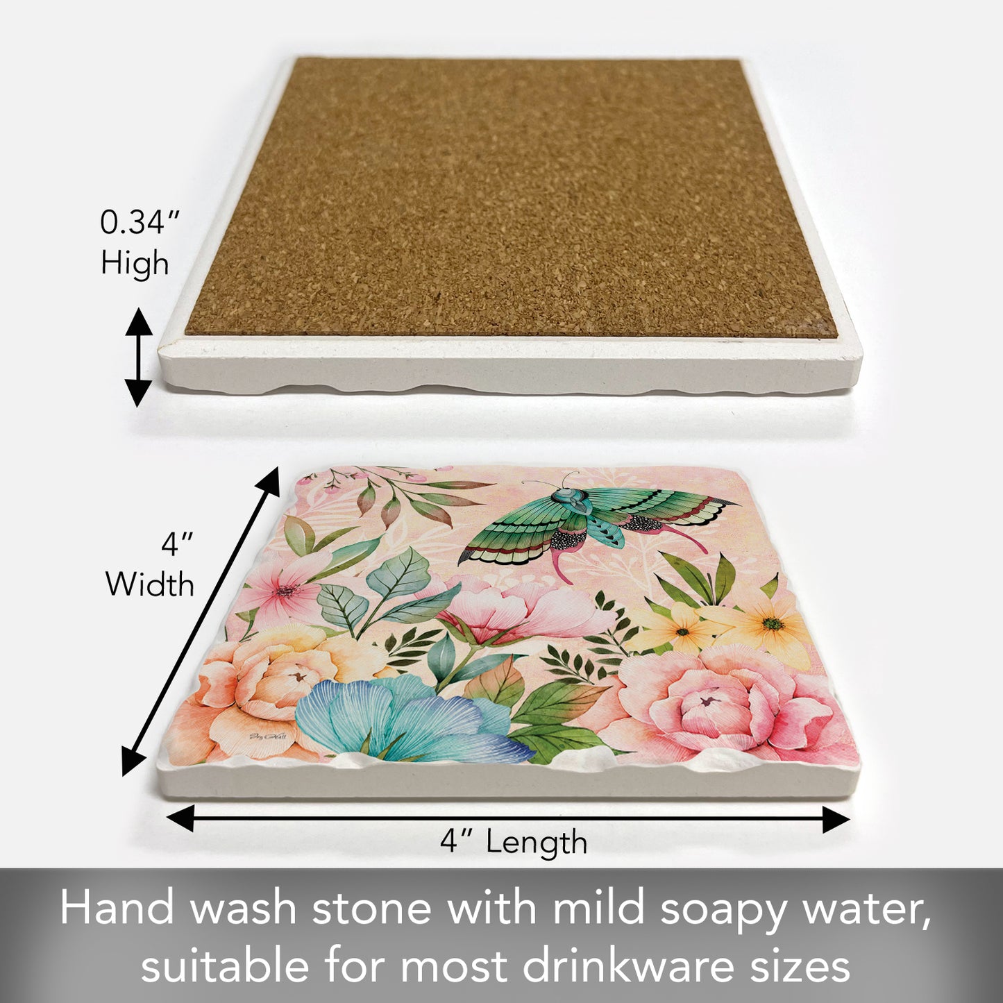 Thirstystone Green Butterfly Bloom Single Tumbled Tile Stone Coaster with Protective Cork Backing Manufactured in The USA 4" Square