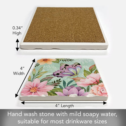 Thirstystone Pink Butterfly Bloom Single Tumbled Tile Stone Coaster with Protective Cork Backing Manufactured in The USA 4" Square
