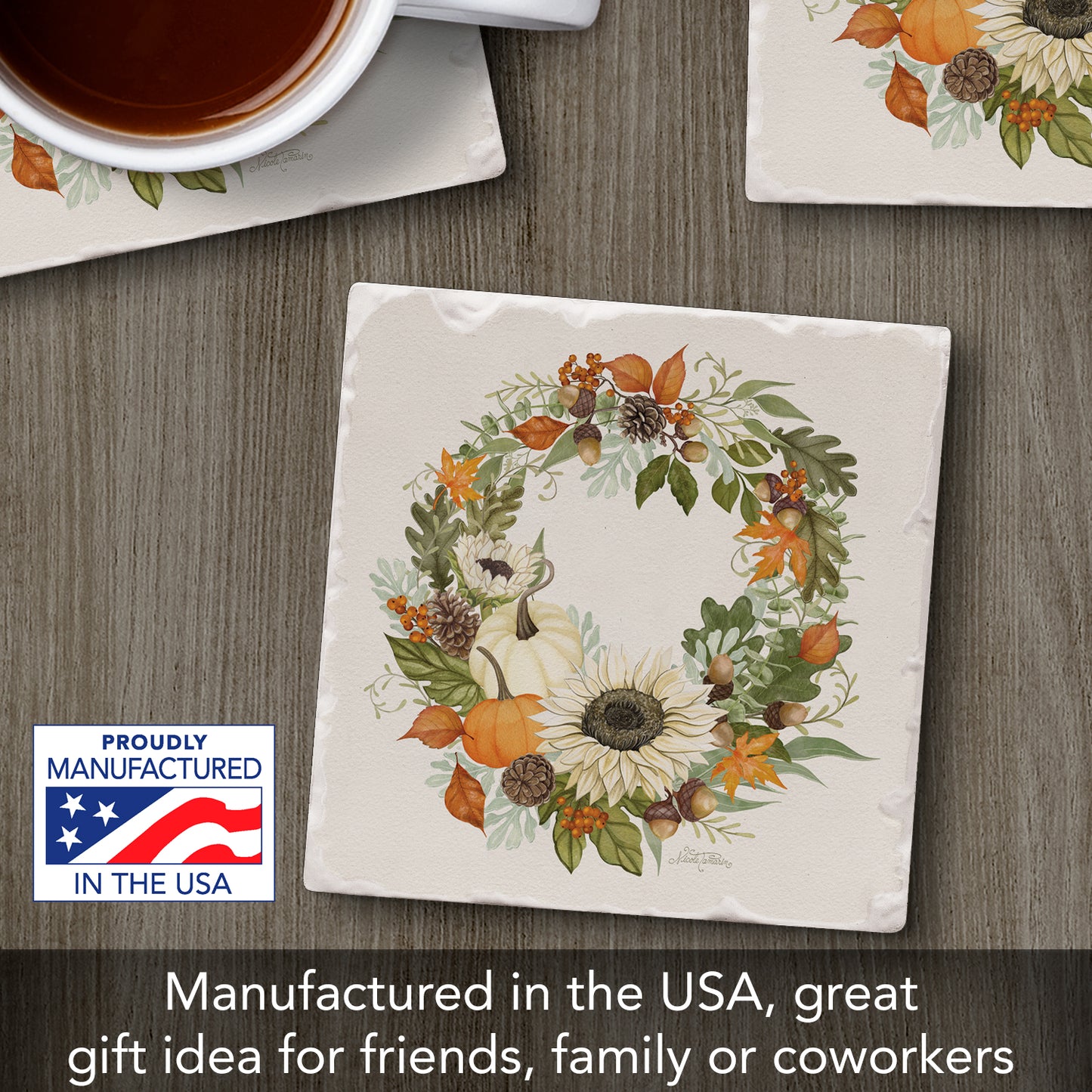 Thirstystone Farmhouse Wreath Single Tumbled Tile Stone Coaster with Protective Cork Backing Manufactured in The USA 4" Square, Colorful, Artistiic, Easily Wipes Clean
