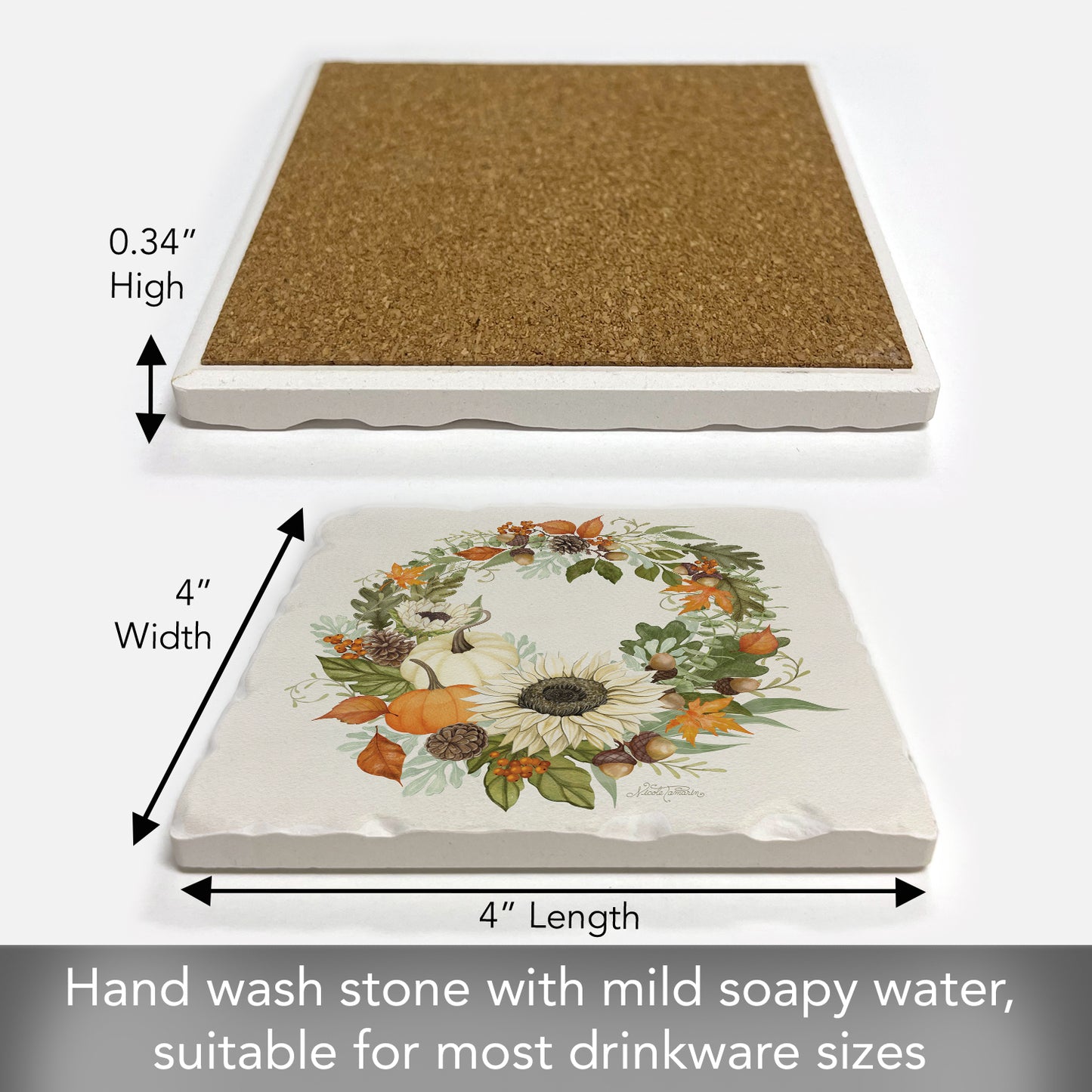 Thirstystone Farmhouse Wreath Single Tumbled Tile Stone Coaster with Protective Cork Backing Manufactured in The USA 4" Square, Colorful, Artistiic, Easily Wipes Clean