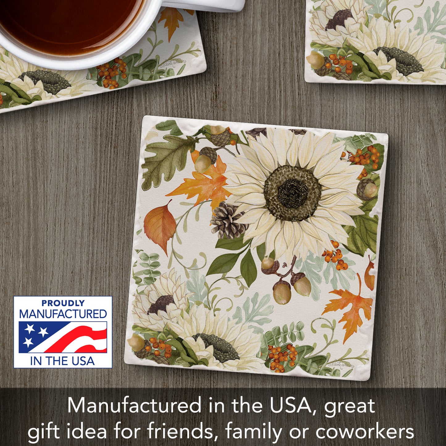 Thirstystone Farmhouse Sunflowers Single Tumbled Tile Stone Coaster with Protective Cork Backing Manufactured in The USA 4" Square, Colorful, Artistiic, Easily Wipes Clean