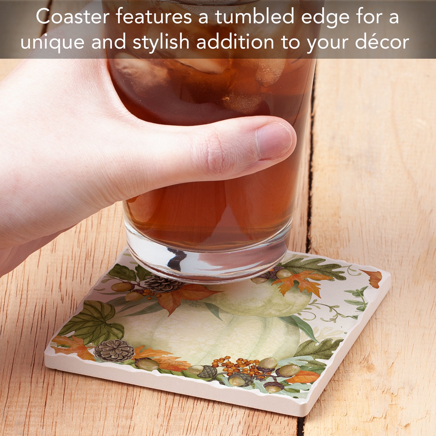 Thirstystone Farmhouse Pumpkin Stack Single Tumbled Tile Stone Coaster with Protective Cork Backing Manufactured in The USA 4" Square, Colorful, Artistiic, Easily Wipes Clean