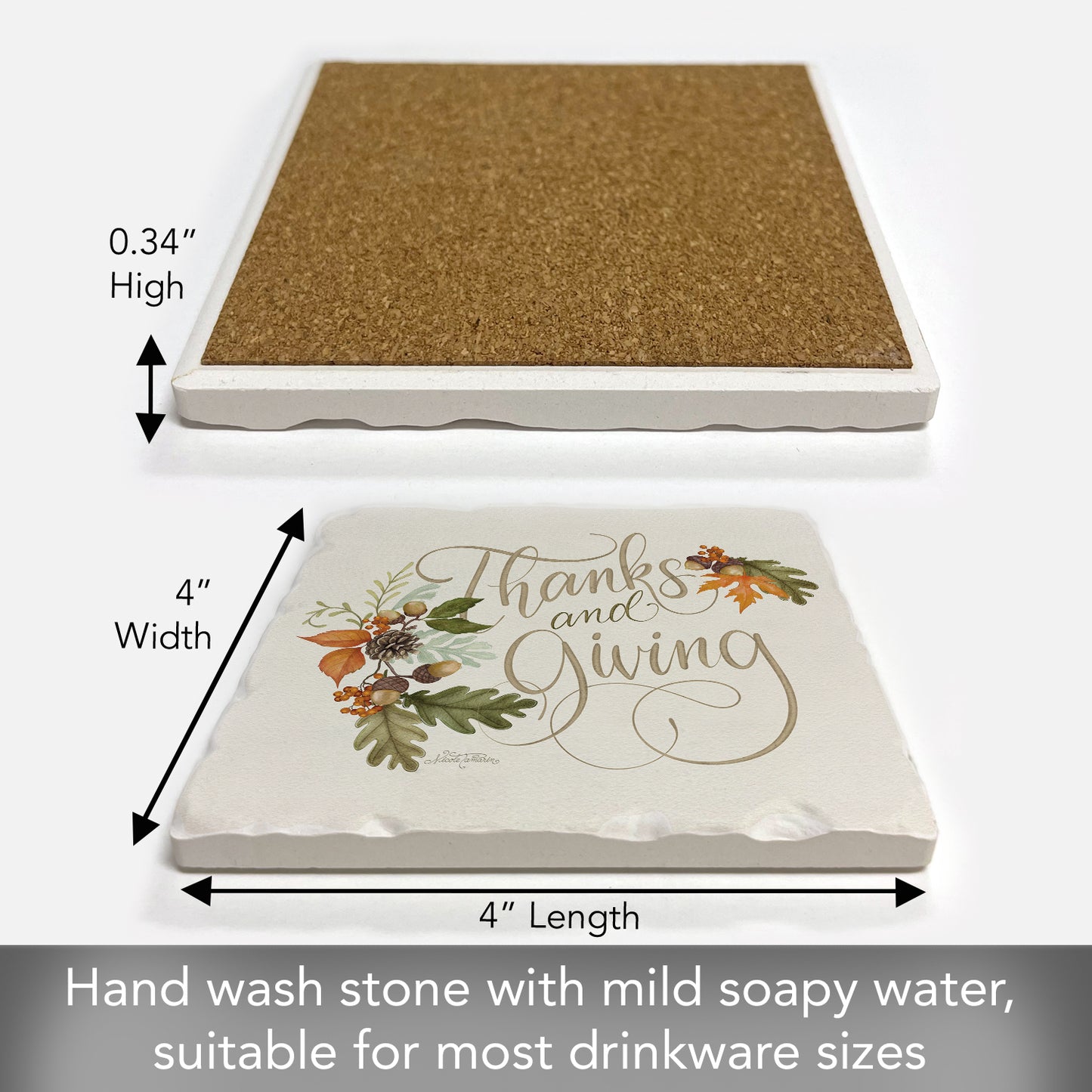 Thirstystone Thanks & Giving Tumbled Tile Stone Coaster with Protective Cork Backing Manufactured in The USA 4" Square, Colorful, Artistiic, Easily Wipes Clean
