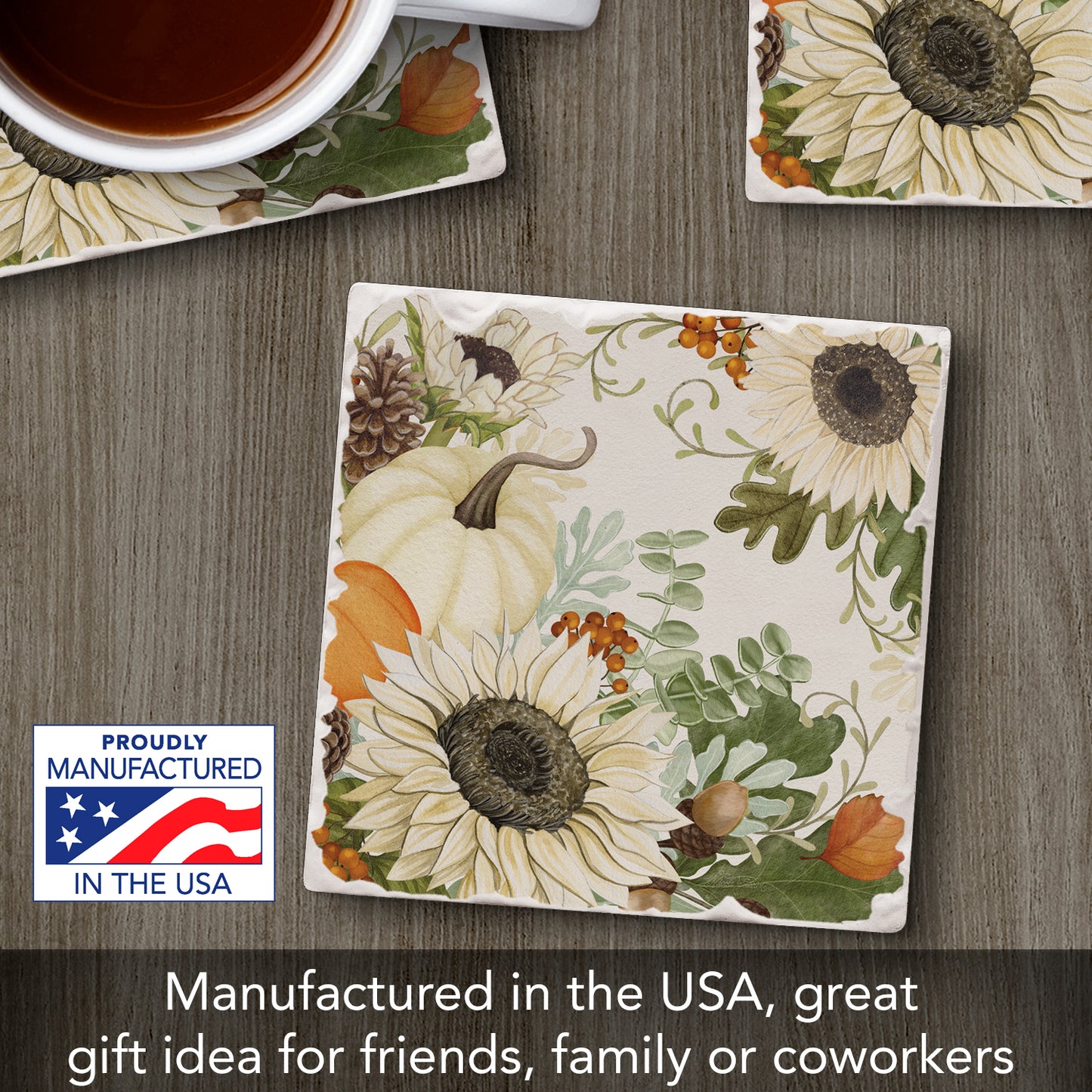 Thirstystone Sunflowers & Pumpkins Single Tumbled Tile Stone Coaster with Protective Cork Backing Manufactured in The USA 4" Square, Colorful, Artistic, Easily Wipes Clean