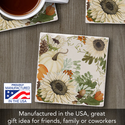 Thirstystone Sunflowers & Pumpkins Single Tumbled Tile Stone Coaster with Protective Cork Backing Manufactured in The USA 4" Square, Colorful, Artistic, Easily Wipes Clean