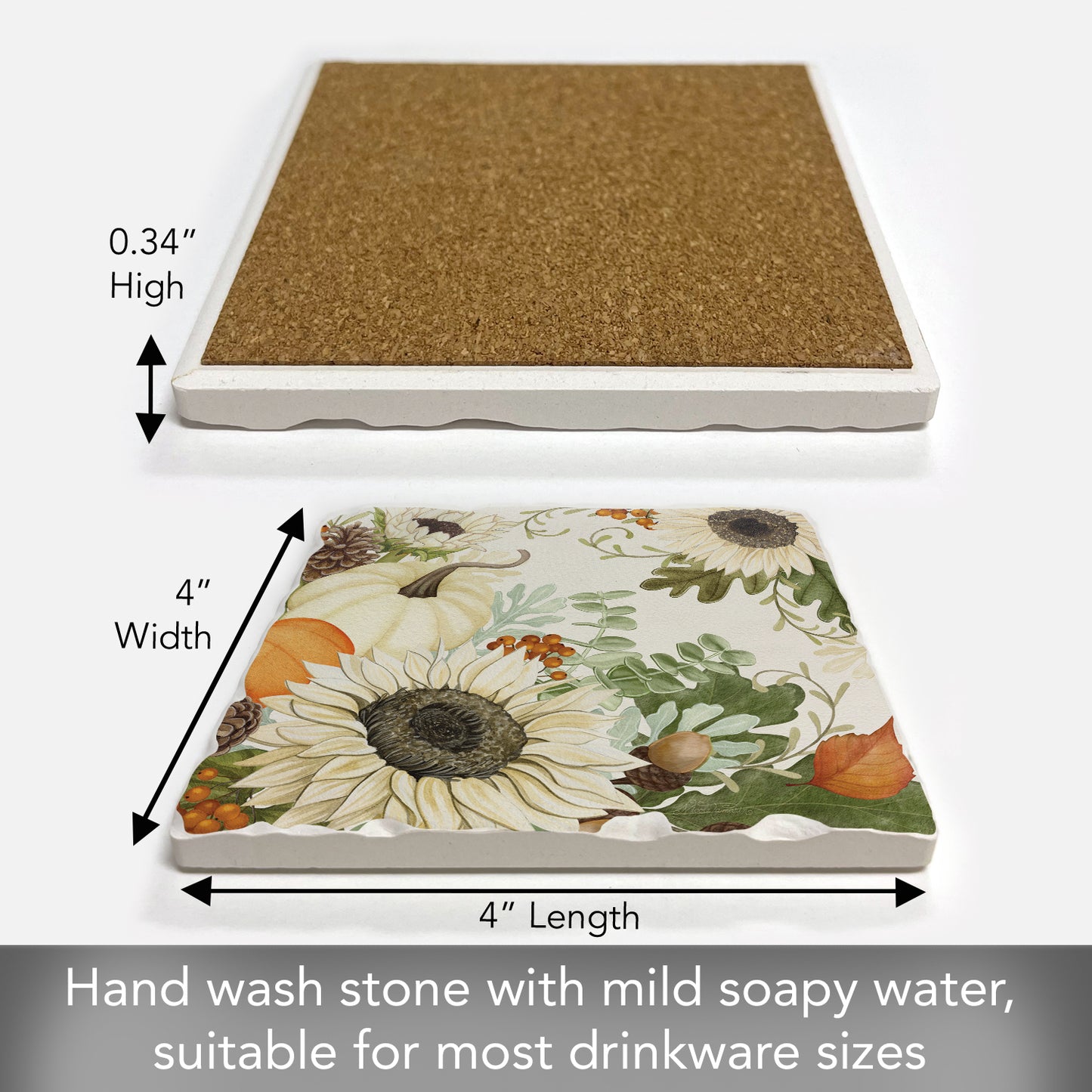 Thirstystone Sunflowers & Pumpkins Single Tumbled Tile Stone Coaster with Protective Cork Backing Manufactured in The USA 4" Square, Colorful, Artistic, Easily Wipes Clean