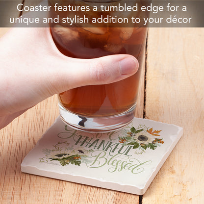 Thirstystone Thankful Single Tumbled Tile Stone Coaster with Protective Cork Backing Manufactured in The USA 4" Square, Colorful, Artistic, Easily Wipes Clean