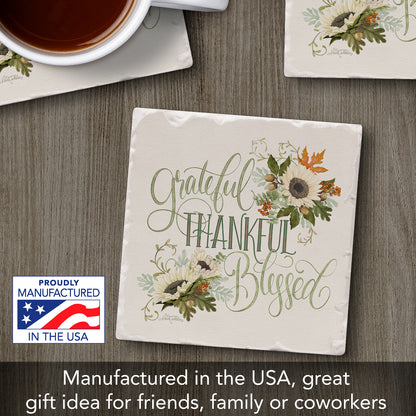 Thirstystone Thankful Single Tumbled Tile Stone Coaster with Protective Cork Backing Manufactured in The USA 4" Square, Colorful, Artistic, Easily Wipes Clean