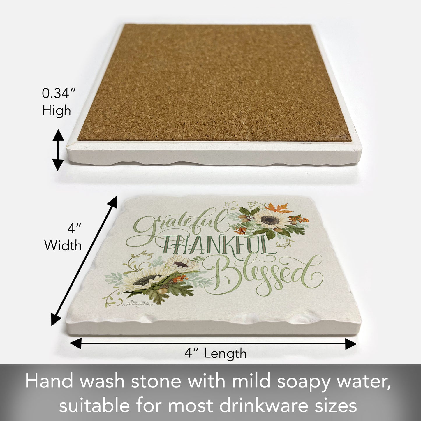 Thirstystone Thankful Single Tumbled Tile Stone Coaster with Protective Cork Backing Manufactured in The USA 4" Square, Colorful, Artistic, Easily Wipes Clean