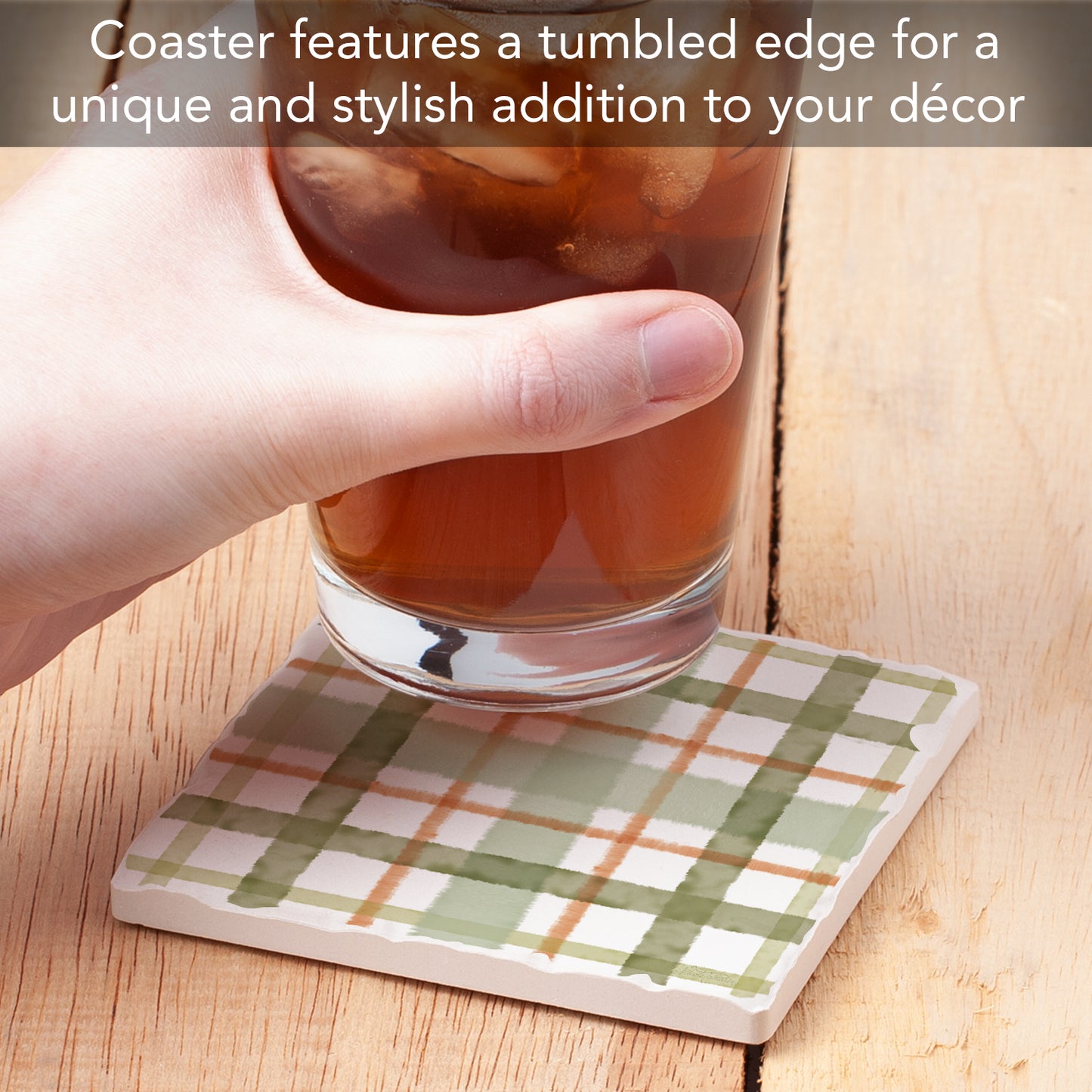 Thirstystone Farmhouse Plaid Single Tumbled Tile Stone Coaster with Protective Cork Backing Manufactured in The USA 4" Square, Colorful, Artistiic, Easily Wipes Clean