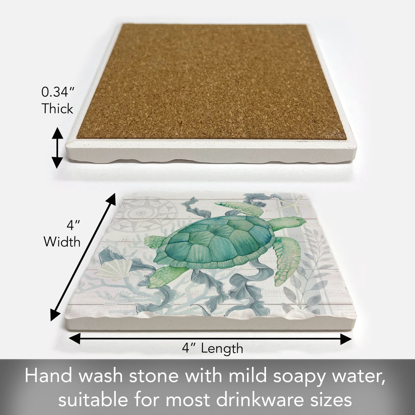 Thirstystone Beach Therapy Turtle Single Tumbled Tile Stone Coaster with Protective Cork Backing Manufactured in The USA 4" Square, Colorful, Artistic, Easily Wipes Clean