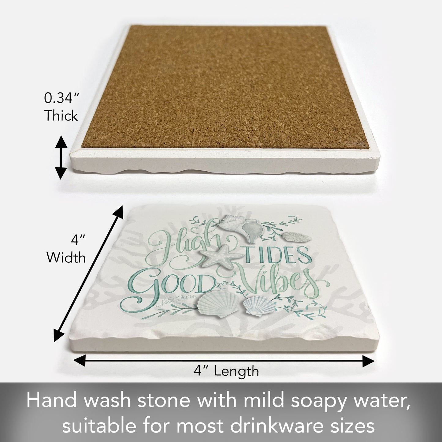 Thirstystone High Tides Single Tumbled Tile Stone Coaster with Protective Cork Backing Manufactured in The USA 4" Square, Colorful, Artistic, Easily Wipes Clean