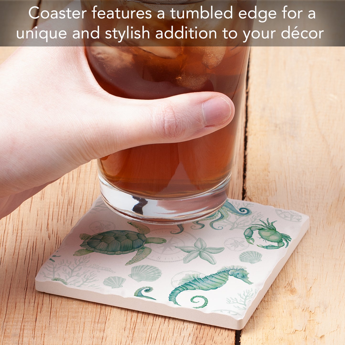 Thirstystone Beach Sealife Single Tumbled Tile Stone Coaster with Protective Cork Backing Manufactured in The USA 4" Square, Colorful, Artistic, Easily Wipes Clean