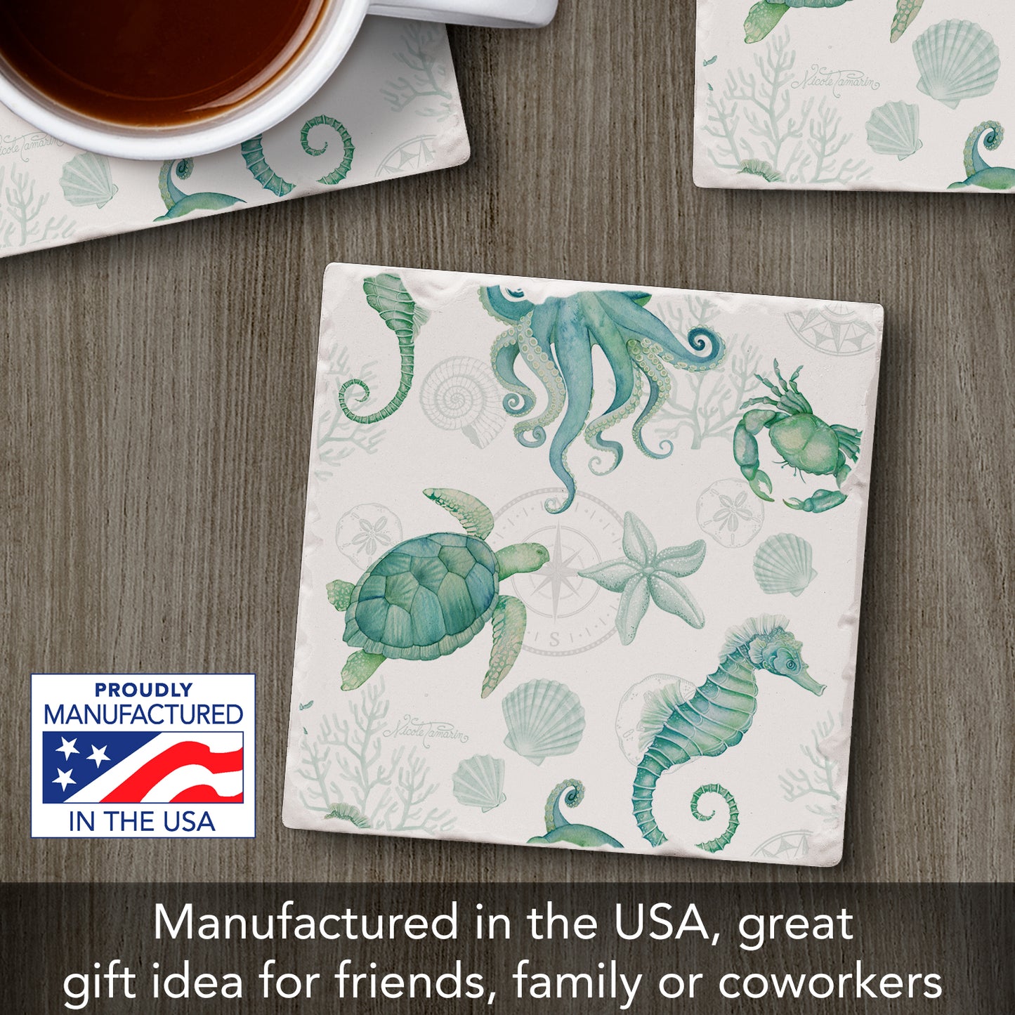 Thirstystone Beach Sealife Single Tumbled Tile Stone Coaster with Protective Cork Backing Manufactured in The USA 4" Square, Colorful, Artistic, Easily Wipes Clean